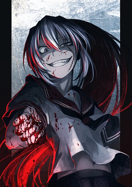 Anime picture 744x1052 with akuma no riddle banba mahiru banba shinya hetza (hellshock) single tall image blue eyes ponytail grey hair grin scar clenched teeth blood stains crazy eyes girl navel uniform school uniform blood fist