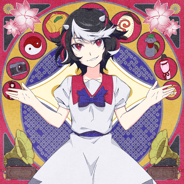 Anime picture 2065x2065 with touhou kijin seija futoumeido single looking at viewer fringe highres short hair black hair smile red eyes upper body white hair red hair parted lips multicolored hair horn (horns) teeth short sleeves puffy sleeves