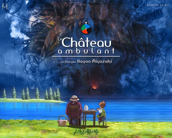 Anime picture 1280x1024 with howl's moving castle studio ghibli sophie hatter markl short hair brown hair sitting holding silver hair braid (braids) from behind official art back reflection lake old woman girl boy flower (flowers) bow