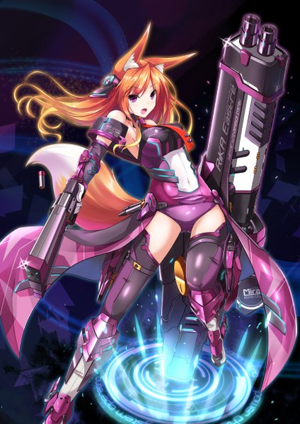 Anime picture 868x1228 with original fatkewell long hair tall image open mouth light erotic animal ears tail animal tail orange hair fox ears fox tail fox girl dark background girl thighhighs weapon gun bodysuit