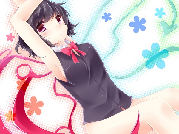 Anime picture 1600x1200 with touhou houjuu nue single looking at viewer blush short hair black hair pink eyes armpit (armpits) girl bow wings