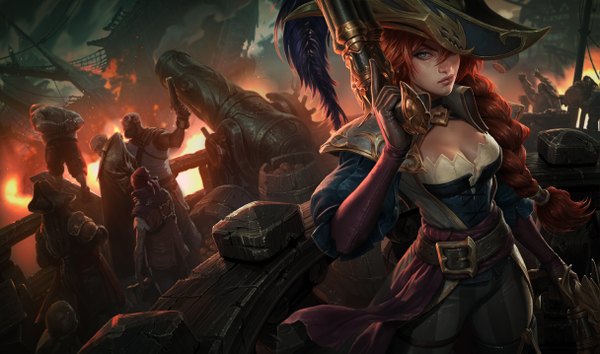 Anime picture 1215x717 with league of legends miss fortune (league of legends) long hair looking at viewer breasts blue eyes wide image red hair pirate boy weapon hat belt gun clothes watercraft ship cannon pirate hat