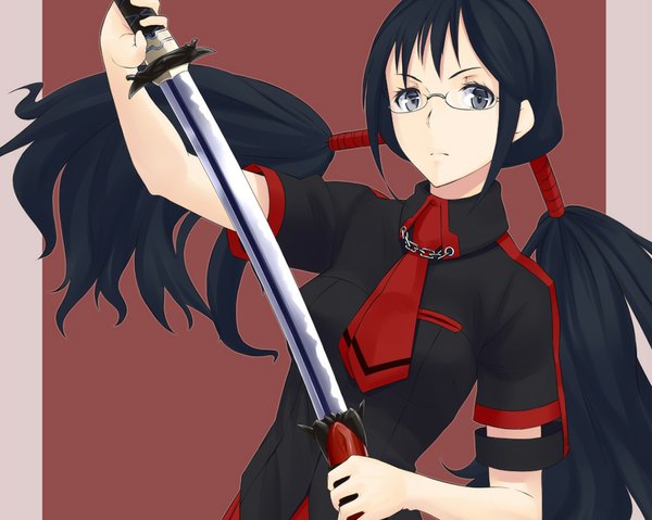 Anime picture 1024x819 with blood c production i.g kisaragi saya juu ho single long hair black hair simple background twintails grey eyes red background girl uniform weapon school uniform shirt sword glasses necktie katana