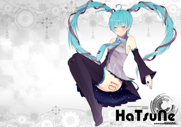Anime picture 3240x2280 with vocaloid hatsune miku single highres blue eyes absurdres ahoge very long hair nail polish aqua hair girl thighhighs ribbon (ribbons) black thighhighs detached sleeves necktie
