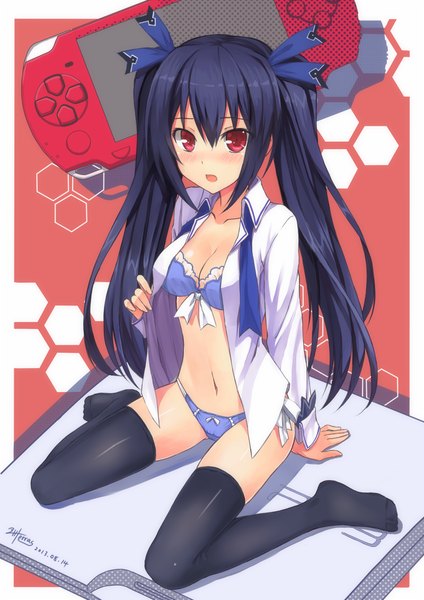 Anime picture 800x1131 with choujigen game neptune noire terras long hair tall image blush open mouth light erotic black hair red eyes twintails open clothes open shirt girl thighhighs navel underwear panties bow black thighhighs