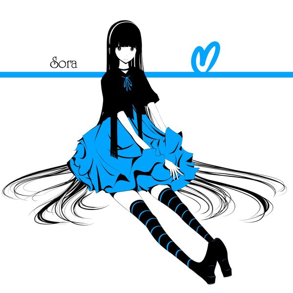Anime picture 1125x1125 with original haru@ single looking at viewer highres black hair simple background white background sitting very long hair light smile black eyes inscription monochrome girl thighhighs black thighhighs heart collar striped thighhighs
