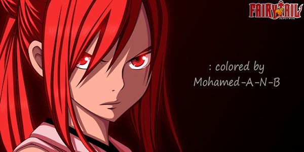 Anime picture 1110x558 with fairy tail erza scarlet m-shu single long hair looking at viewer red eyes wide image red hair inscription coloring girl
