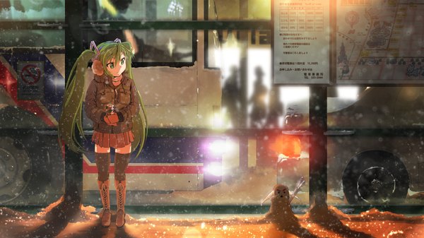 Anime picture 1920x1080 with vocaloid hatsune miku nadezita single long hair highres wide image twintails green eyes green hair zettai ryouiki snowing winter snow girl skirt miniskirt jacket boots headphones