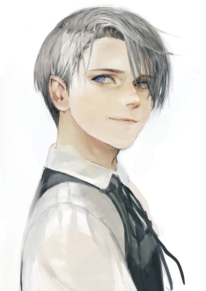Anime picture 827x1169 with yuri!!! on ice mappa viktor nikiforov tomape single tall image short hair simple background white background looking away upper body light smile grey hair turning head portrait multicolored eyes boy ribbon (ribbons) shirt vest