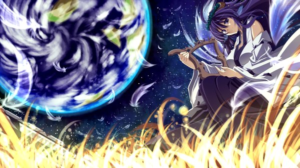 Anime picture 2560x1440 with original rondo umigame single highres wide image purple eyes bare shoulders purple hair girl plant (plants) feather (feathers) grass musical instrument planet