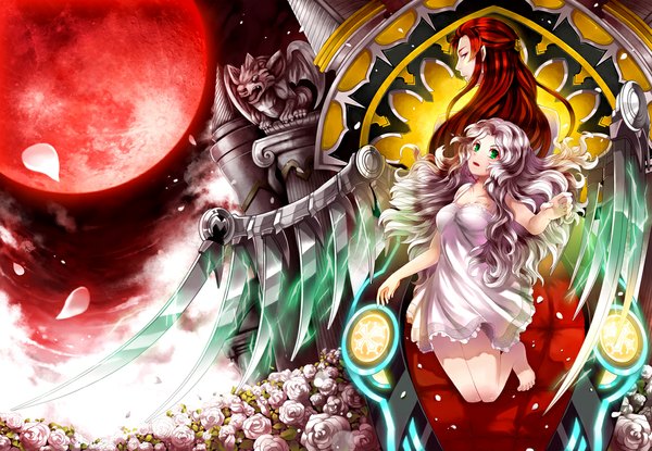 Anime picture 1155x800 with kaskia long hair open mouth red eyes green eyes game cg silver hair cloud (clouds) red hair profile looking back night tattoo night sky girl dress boy flower (flowers) petals wings