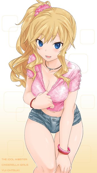 Anime picture 640x1136 with idolmaster idolmaster cinderella girls ootsuki yui tenkla single long hair tall image looking at viewer blush breasts open mouth blue eyes light erotic blonde hair ponytail leaning leaning forward side ponytail denim girl
