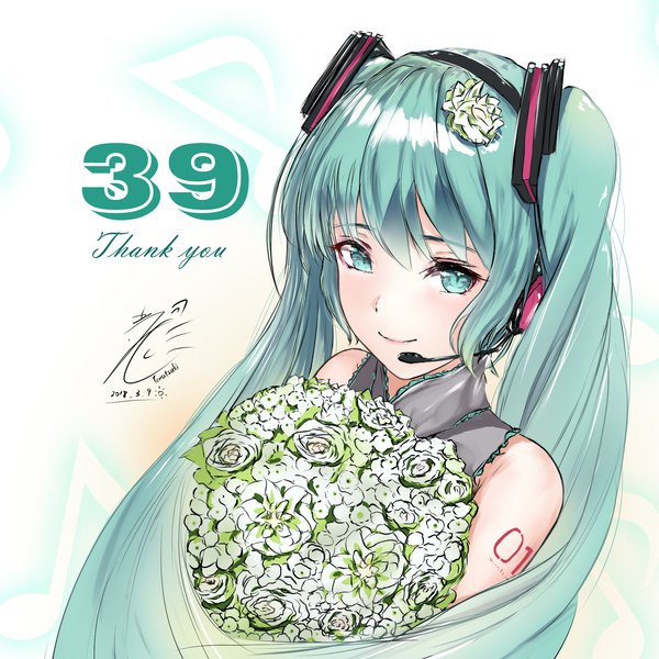 Anime picture 1655x1655 with vocaloid hatsune miku teratsuki single long hair smile twintails bare shoulders signed upper body hair flower aqua eyes from above aqua hair dated 39 girl flower (flowers) bouquet headset