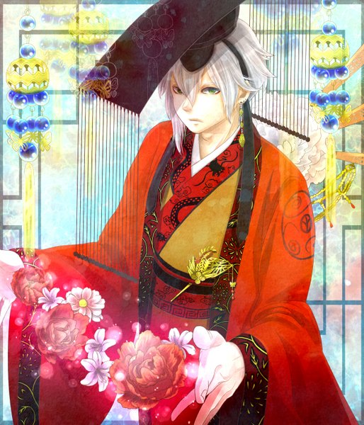 Anime picture 1200x1400 with original maako single tall image looking at viewer short hair green eyes silver hair traditional clothes japanese clothes magic boy flower (flowers) earrings headdress kimono