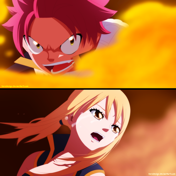 Anime picture 1024x1024 with fairy tail lucy heartfilia natsu dragneel zeroooart long hair short hair open mouth blonde hair smile brown eyes yellow eyes pink hair coloring magic multiview girl boy scarf fire