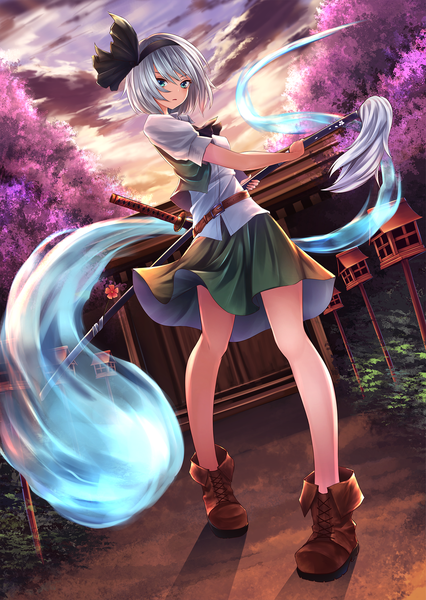 Anime picture 1364x1920 with touhou konpaku youmu pi-pie single tall image looking at viewer short hair blue eyes sky silver hair cloud (clouds) ghost girl dress weapon sword boots hairband katana