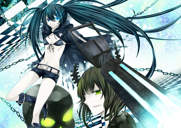 Anime picture 3507x2480 with black rock shooter black rock shooter (character) dead master long hair highres blue eyes black hair twintails multiple girls green eyes absurdres glowing scar glowing eye (eyes) checkered floor girl weapon 2 girls shorts boots