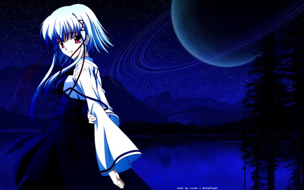 Anime picture 1680x1050 with sola morimiya aono koga makoto single looking at viewer fringe short hair red eyes wide image payot blue hair sky looking back light smile night wallpaper night sky hands behind back mountain lake