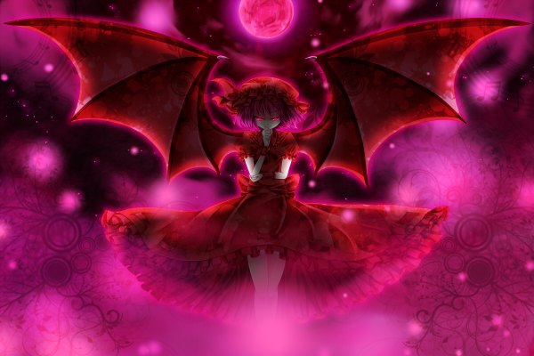 Anime picture 1200x800 with touhou remilia scarlet aru gunsou single short hair red eyes pink hair red moon girl dress wings frills bonnet