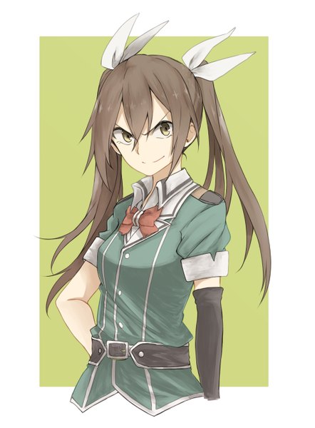 Anime picture 992x1346 with kantai collection tone heavy cruiser tsukamoto minori single long hair tall image smile brown hair twintails brown eyes looking away hand on hip girl bow hair bow single glove