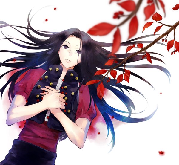 Anime picture 1250x1150 with hunter x hunter illumi zoldyck nazumi (artist) single long hair black hair simple background white background lying black eyes hand on chest boy plant (plants) tree (trees) food vest berry (berries)