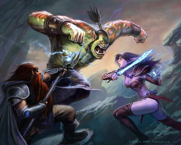 Anime picture 1000x800 with world of warcraft warcraft blizzard entertainment night elf jason chan long hair open mouth black hair red eyes yellow eyes purple hair orange hair teeth fang (fangs) tattoo magic elf angry battle dwarf