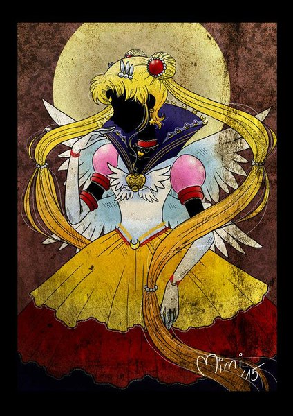 Anime picture 600x849 with bishoujo senshi sailor moon toei animation tsukino usagi sailor moon eternal sailor moon mimiclothing single tall image blonde hair twintails very long hair profile hair bun (hair buns) alternate costume dark skin finger to mouth dark background framed white wings crescent