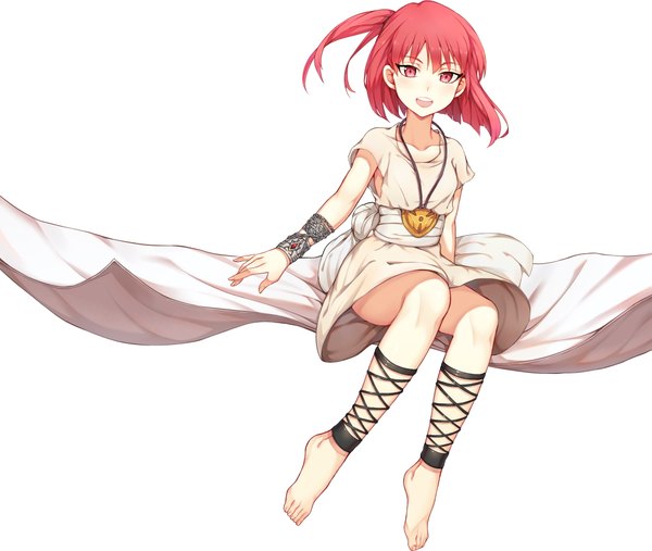 Anime picture 2233x1890 with magi the labyrinth of magic a-1 pictures morgiana hua-j single looking at viewer fringe highres short hair open mouth simple background smile red eyes white background red hair barefoot open clothes teeth armpit (armpits) short sleeves