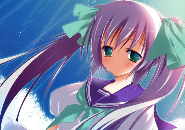 Anime picture 3500x2462 with original natsuki coco single long hair blush highres smile twintails green eyes absurdres purple hair upper body girl uniform serafuku