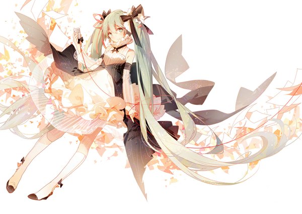 Anime picture 1024x727 with vocaloid hatsune miku rella single blush simple background white background twintails very long hair aqua eyes light smile aqua hair transparent girl dress ribbon (ribbons) hair ribbon detached sleeves frills mobile phone