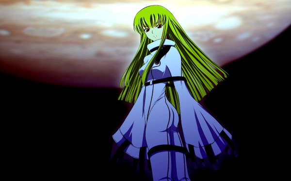 Anime picture 1280x800 with code geass sunrise (studio) c.c. tohoho (hoshinoyami) hoshino yami single long hair wide image long sleeves green hair girl planet jupiter
