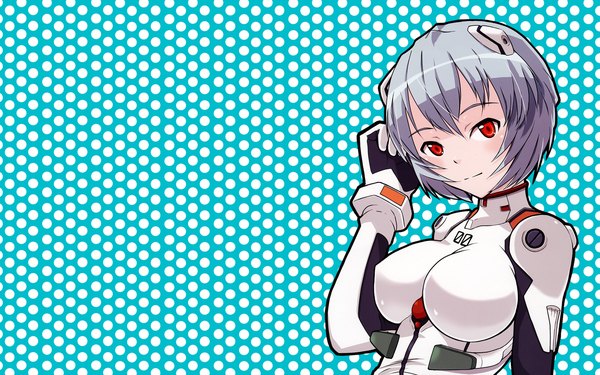 Anime picture 1440x900 with neon genesis evangelion rebuild of evangelion evangelion: 2.0 you can (not) advance gainax ayanami rei single short hair red eyes wide image blue hair light smile polka dot polka dot background girl pilot suit