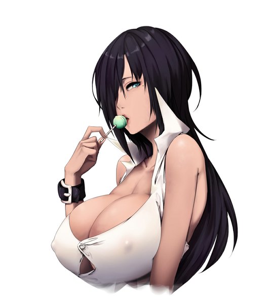Anime picture 1000x1143 with original soya (torga) single long hair tall image looking at viewer fringe breasts blue eyes light erotic black hair simple background white background bare shoulders cleavage hair over one eye mole huge breasts girl food
