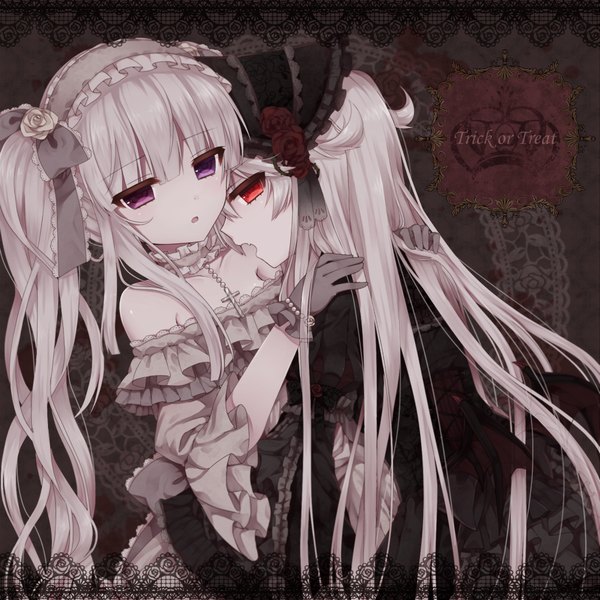 Anime picture 1000x1000 with original tsukikage nemu long hair red eyes purple eyes twintails multiple girls white hair vampire girl dress gloves bow 2 girls hair bow frills cross bonnet