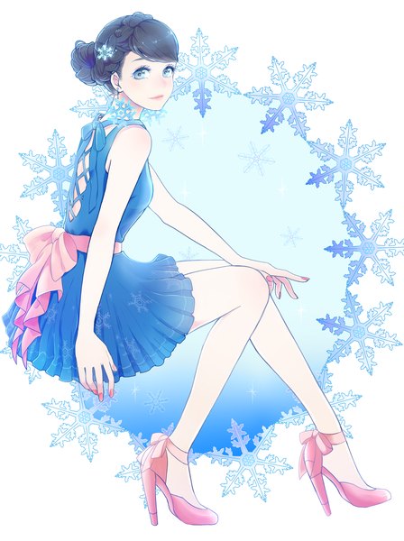 Anime picture 2480x3318 with original sekkisei setsuko tagme (artist) single long hair tall image looking at viewer blush highres blue eyes black hair sitting nail polish hair bun (hair buns) high heels snowflake print girl dress hair ornament