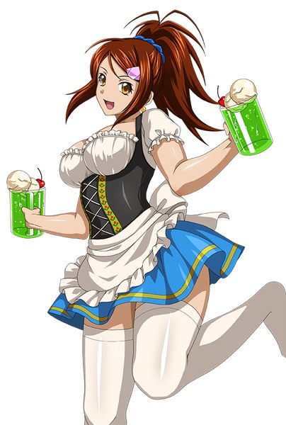 Anime picture 600x891 with ikkitousen bachou mouki single long hair tall image breasts open mouth light erotic simple background brown hair white background brown eyes ponytail girl thighhighs dress white thighhighs drink melon soda