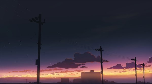 Anime picture 3564x1980 with original hatsuame syoka highres wide image sky cloud (clouds) night sky evening sunset horizon landscape silhouette building (buildings) star (stars) wire (wires) house