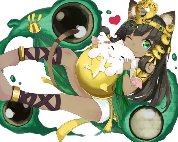 Anime picture 2500x2000 with puzzle & dragons bastet (p&d) tamadora (p&d) kou mashiro long hair looking at viewer highres brown hair green eyes animal ears tail traditional clothes animal tail one eye closed barefoot wink cat ears cat tail dark skin girl