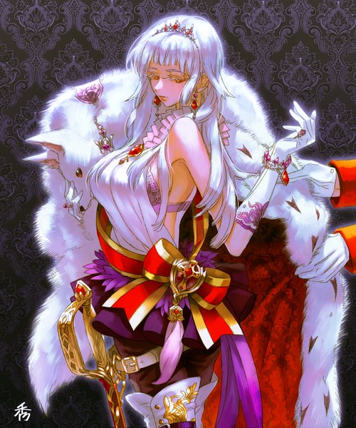 Anime picture 1000x1200 with original su (noonrema) long hair tall image fringe red eyes signed white hair dressing girl gloves ribbon (ribbons) bow weapon sword elbow gloves bracelet lingerie white gloves bra