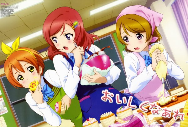 Anime picture 6011x4083 with love live! school idol project sunrise (studio) love live! nishikino maki hoshizora rin koizumi hanayo yoshida minami long hair blush highres short hair brown hair purple eyes multiple girls yellow eyes absurdres red hair scan orange hair cooking