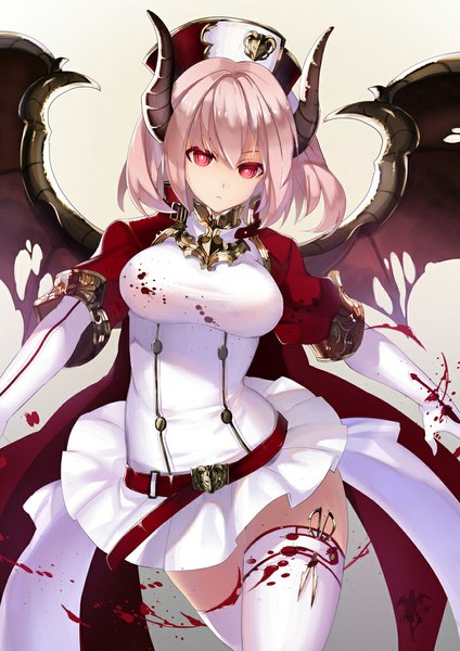 Anime picture 800x1132 with original yuuki kira single tall image looking at viewer short hair white background pink hair pink eyes horn (horns) girl thighhighs dress white thighhighs wings blood scissors