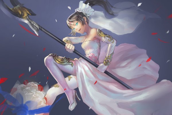 Anime picture 2500x1667 with original daible single highres open mouth simple background holding ponytail aqua eyes lips wedding girl dress gloves flower (flowers) weapon earrings petals elbow gloves shoes