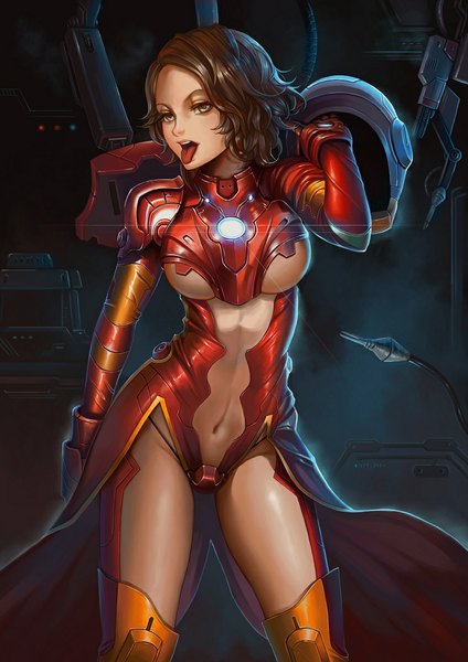 Anime picture 744x1053 with iron man iron man (character) dantewontdie single long hair tall image breasts open mouth light erotic brown hair large breasts brown eyes genderswap girl navel tongue armor bodysuit wire (wires) helmet