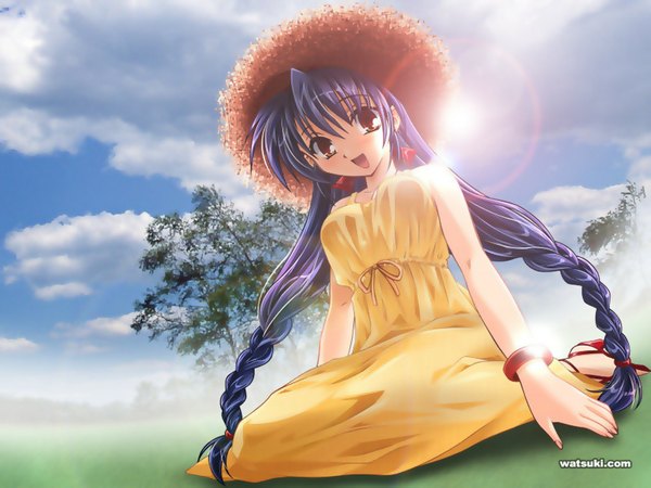 Anime picture 1024x768 with single long hair looking at viewer fringe open mouth hair between eyes sitting bare shoulders blue hair sky cloud (clouds) full body outdoors braid (braids) sunlight twin braids happy fog girl dress