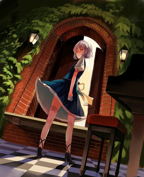 Anime picture 654x800 with touhou izayoi sakuya yasumo (kuusouorbital) single tall image looking at viewer fringe short hair red eyes standing white hair looking back light smile grey hair shadow from below high heels dutch angle checkered floor floor