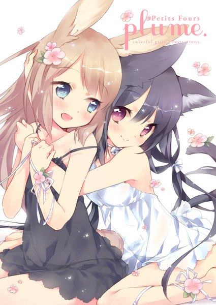 Anime picture 725x1024 with original ech long hair tall image blush open mouth blue eyes black hair smile brown hair twintails bare shoulders multiple girls animal ears bent knee (knees) tail animal tail pink eyes hair flower cat ears