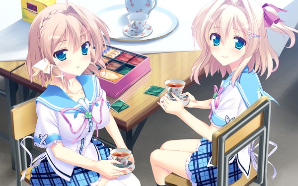 Anime picture 1280x800 with koisuru shimai no sextet mihama yuuka mihama suzuka long hair blush short hair blue eyes blonde hair smile sitting multiple girls game cg white hair girl uniform bow 2 girls hair bow school uniform cup