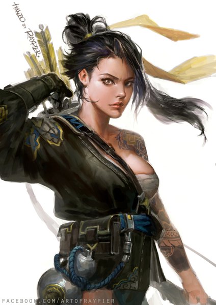 Anime picture 2480x3508 with overwatch blizzard entertainment hanzo (overwatch) raypier single long hair tall image looking at viewer highres breasts light erotic black hair brown eyes signed cleavage ponytail lips tattoo character names watermark