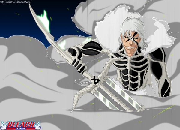 Anime picture 2000x1444 with bleach studio pierrot ginjou kuugo gold-mk single highres short hair smile yellow eyes white hair inscription coloring blue background smoke boy weapon armor fur skull huge weapon