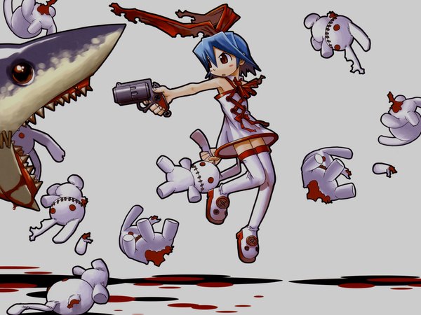 Anime picture 1280x960 with disgaea mazda pleinair usagi-san harada takehito grey background gun blood bunny shark